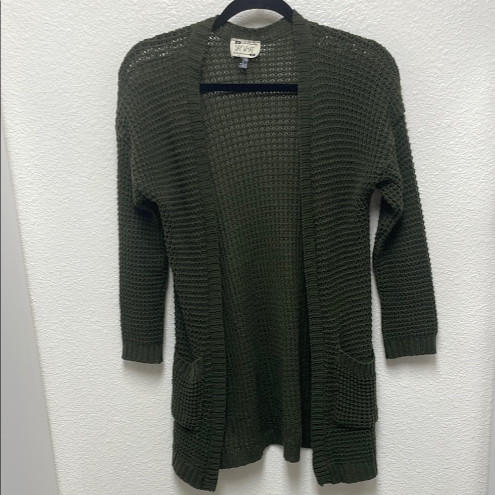 Say What NY Olive Green Knit Pocket Long Cardigan Sweater Women’s Small